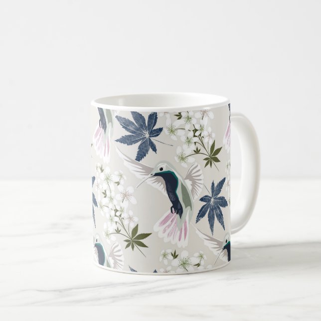 Caneca De Café Aves e flores brancas. (Frente Esquerda)