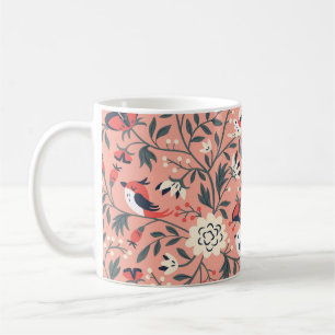 Caneca De Café Aves Florais, Vintage Desenhada À Mão