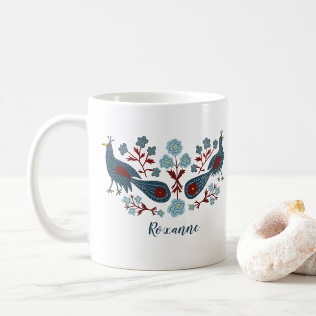 Caneca De Café Aves Flores Boho Design PERSONALIZADAS (Com Donut)