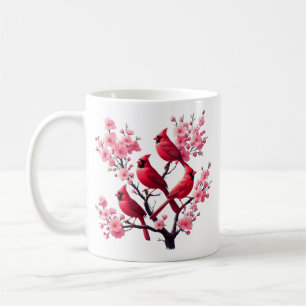 Caneca De Café Aves Vermelhas Cardinas, Pássaros de Árvores Rosa-