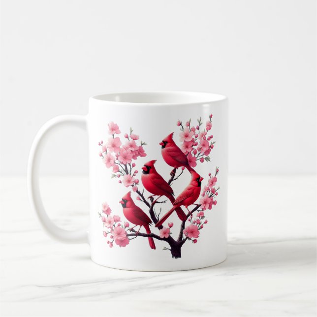 Caneca De Café Aves Vermelhas Cardinas, Pássaros de Árvores Rosa- (Esquerda)
