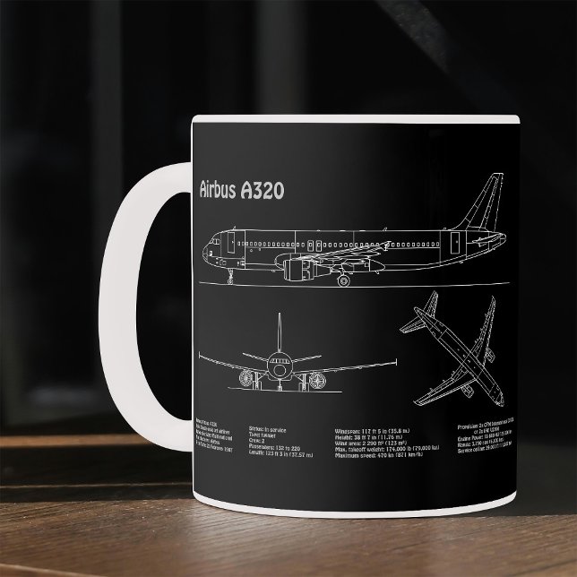 Caneca De Café Avião Airbus A320 em Desenho de Planta Baixa PD (Airplane Airbus A320 in Blueprint Drawing PD. Coffee Mug)