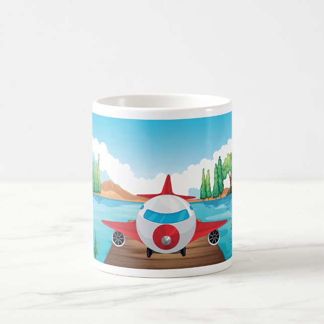 Caneca De Café Avião Cartoon no Lago Diversão Viagem (Criador carregado)