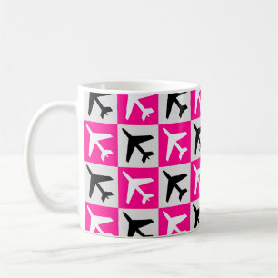 Caneca De Café Avião com Jatos Geométricos Rosa
