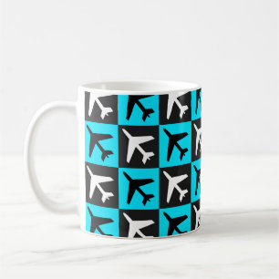 Caneca De Café Avião de Jatos de Aviação Negra Geométrico Azul