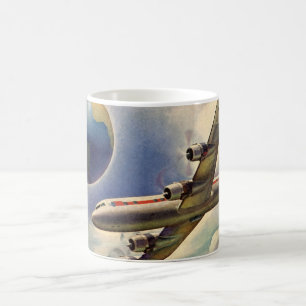 Caneca De Café Avião Vintage Voando pelo Mundo em Nuvens