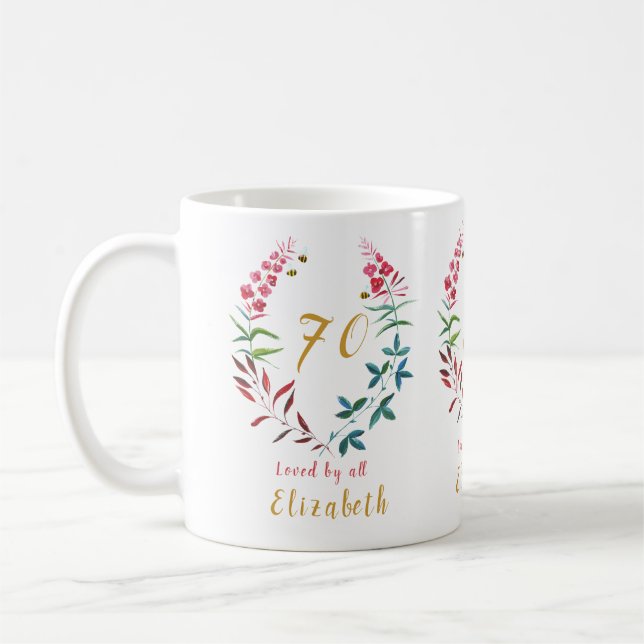 Caneca De Café Avó 70 Birthday Floral Adicione Seu Nome (Esquerda)