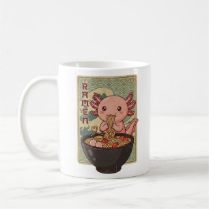 Caneca De Café Axolotls de Anime Japonês Comendo Ramen Preto