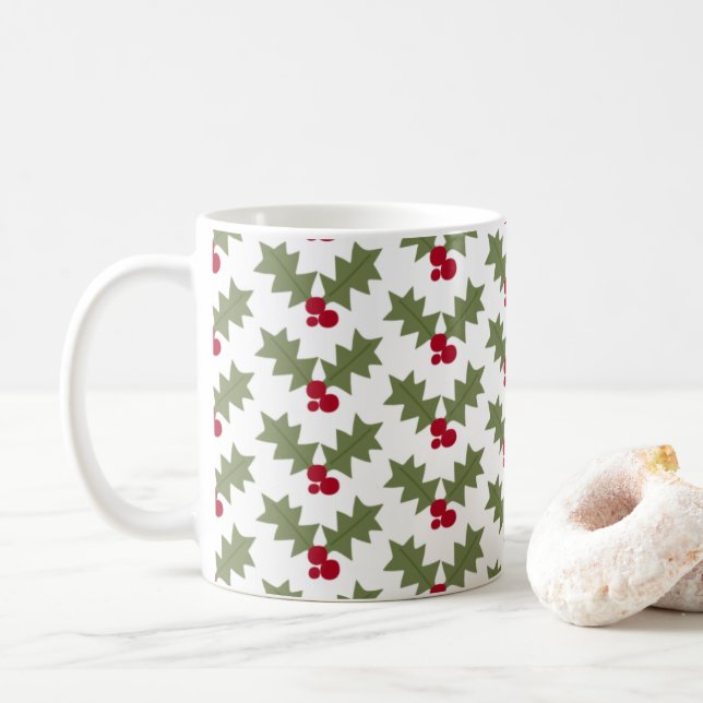 Caneca De Café Azevinho de Natal Frutas Vermelhas Folhas Verdes (Com Donut)