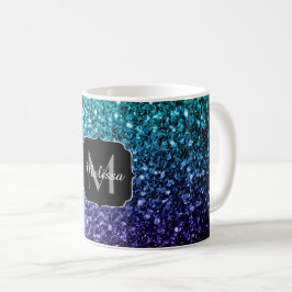 Caneca De Café Azul Aqua Ombre faux glitter farelos Monograma