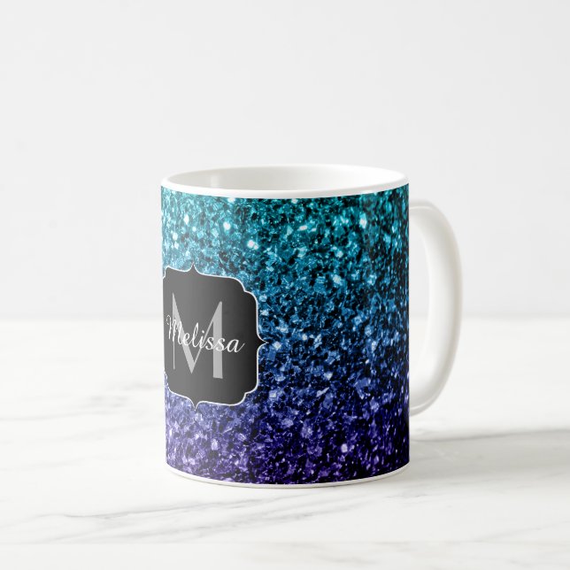 Caneca De Café Azul Aqua Ombre faux glitter farelos Monograma (Frente Esquerda)
