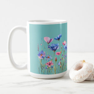 Caneca De Café Azul Aqua Sky com Flores Vermelhos e Azuis