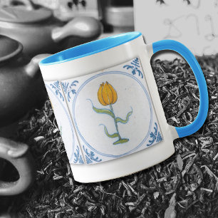 Caneca de Café Azul Branco Arte de Azulejo Tulipa