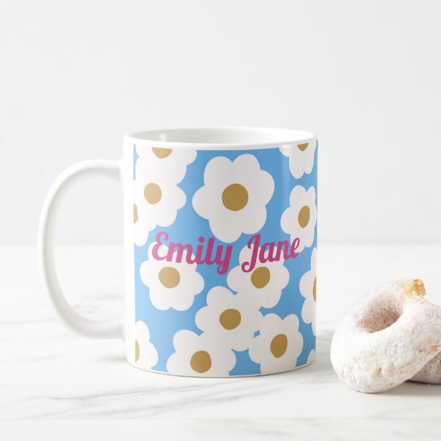 Caneca De Café Azul-branco-azul-margarida-moderna desenhada (Com Donut)