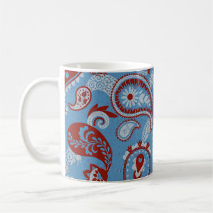 Caneca De Café Azul branco vermelho tradicional linocut de salada