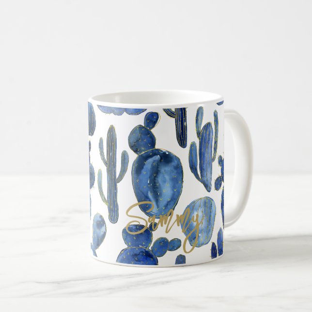 Caneca De Café Azul Cactus Dourado DENOMINAÇÃO moderna Deserto Qu (Frente Esquerda)