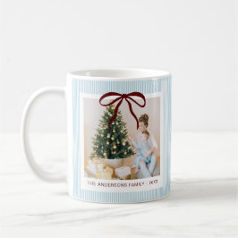 Caneca De Café Azul Clássico Listras Laço Vermelho Natal