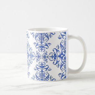 Caneca De Café Azul Cobalto e Branco Padrão Estilo Damasco Floral