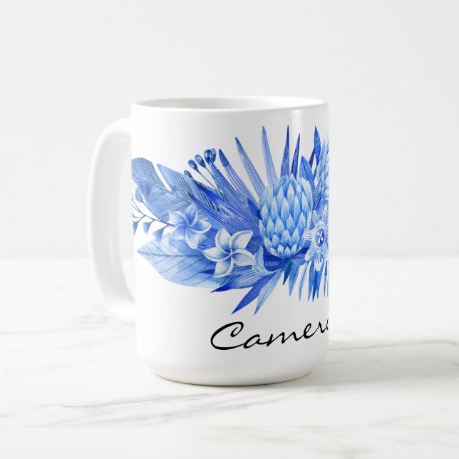 Caneca De Café Azul Cobalto, Flores Tropicais Personalizadas Deix (Frente Esquerda)