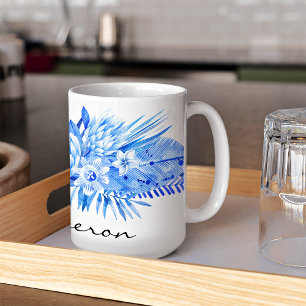 Caneca De Café Azul Cobalto, Flores Tropicais Personalizadas Folh