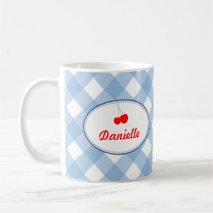Caneca De Café Azul-country gingham padrão de cereja vermelha pes