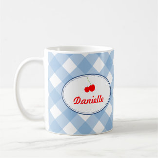 Caneca De Café Azul-country gingham padrão de cereja vermelha pes