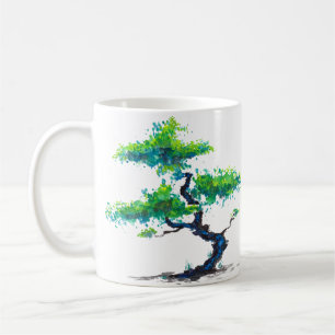 Caneca de café azul da aguarela dos bonsais