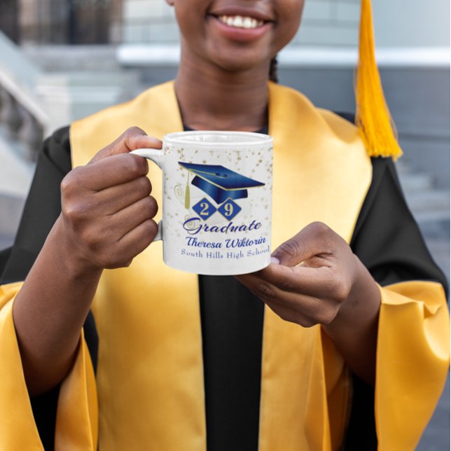 Caneca De Café Azul de Graduação Personalizado e Dourado (Personalized Graduation Blue & Gold Coffee Mug)
