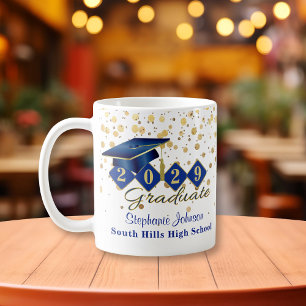 Caneca De Café Azul de Graduação Personalizado e Dourado