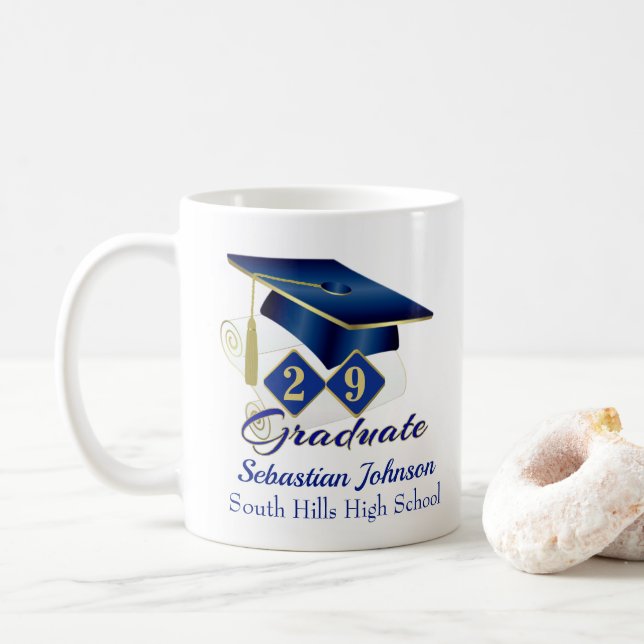 Caneca De Café Azul de graduação personalizado e Dourado 20XX (Com Donut)