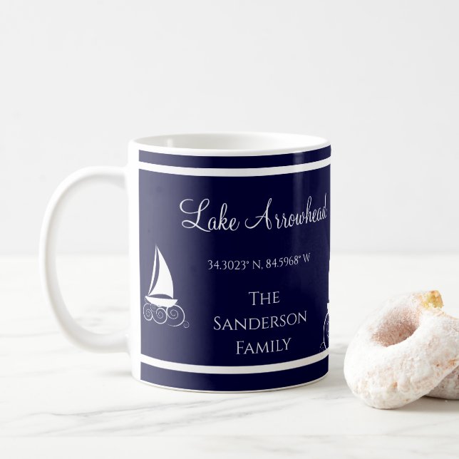 Caneca De Café Azul e Branco com o nome do seu lago (Com Donut)