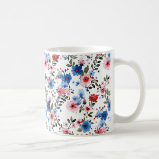 Caneca De Café Azul e Floral Vermelho