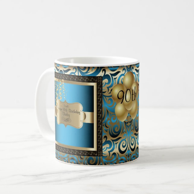 Caneca De Café Azul e Metálico Dourado Feliz Dia 00 de Aniversári (Frente Esquerda)