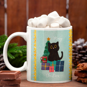Caneca De Café Azul Festivo Feliz Natal Gato Preto Fofo Café