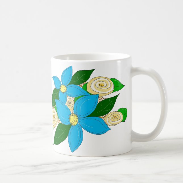Caneca De Café Azul Floral Brilhante (Direita)