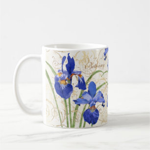 Caneca De Café Azul Floral Iris Dourado Damask Monograma Nome
