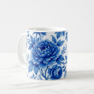 Caneca De Café Azul Fluido Flores Rosas Peônias Azul Cobalto Bran