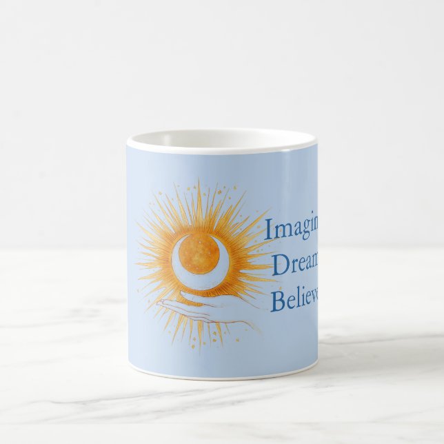 Caneca De Café Azul Imagine Sonho Acredite Ouro Laranja Sol Mão (Centro)