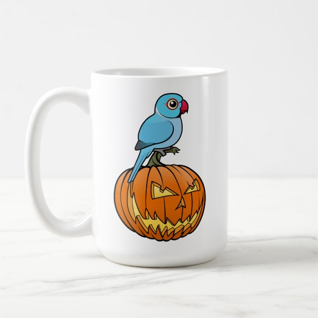 Caneca De Café Azul Indian Ringneck sobre Abóbora no Halloween (Esquerda)