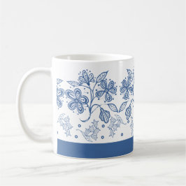 Caneca De Café Azul Indigo Personalizado na Mug Floral Branca