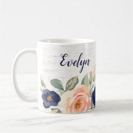 Caneca De Café Azul-Marinho Bonito Russo, Peach Floral Personaliz