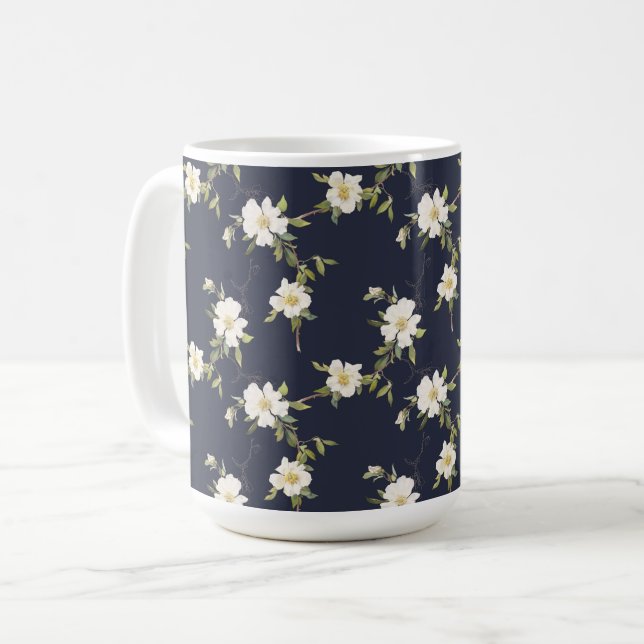 Caneca De Café Azul Marinho Floral Branco (Frente Esquerda)