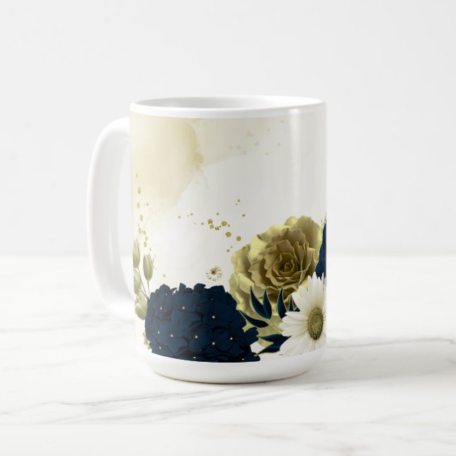 Caneca De Café azul marinho marfim flores douradas casamento (Frente Esquerda)