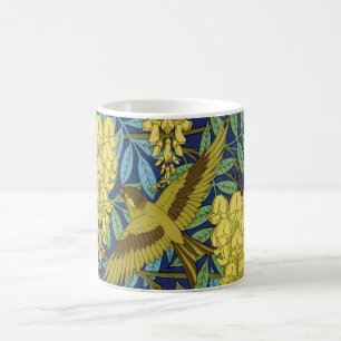 Caneca De Café Azul Marinho Vintage com Padrão Floral Amarelo