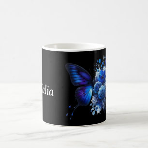 Caneca De Café Azul na borboleta Floral Preta Personalizada