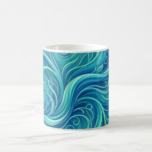 Caneca de Café Azul Oceano com Videira Abstrata
