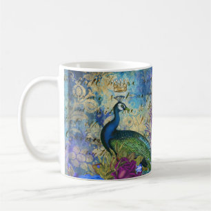 Caneca De Café Azul Pavão-de-Coroa e Floral-Roxo