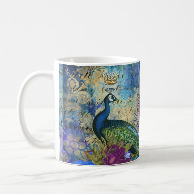 Caneca De Café Azul Pavão-de-Coroa e Floral-Roxo (Esquerda)