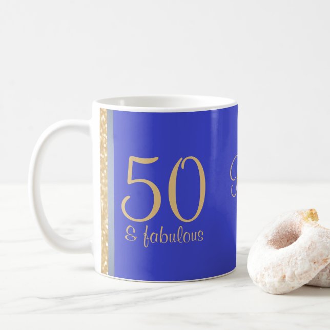 Caneca De Café Azul personalizado "50 e" 50th aniversário (Com Donut)