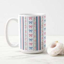 Caneca De Café Azul Préppy Laços Rosa Florais Listrado Coquette